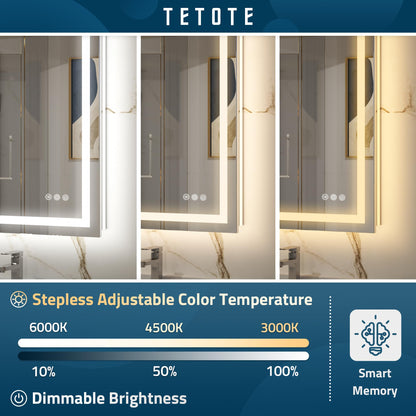 TETOTE LED Bathroom Mirror 48 x 36 Inch with Frontlit & Backlit Lighted Vanity Mirror Anti Fog Stepless Dimmable 3 Colors White/Warm/Natural,CRI90+ Double Lights,Wall-Mounted(Horizontal/Vertical)