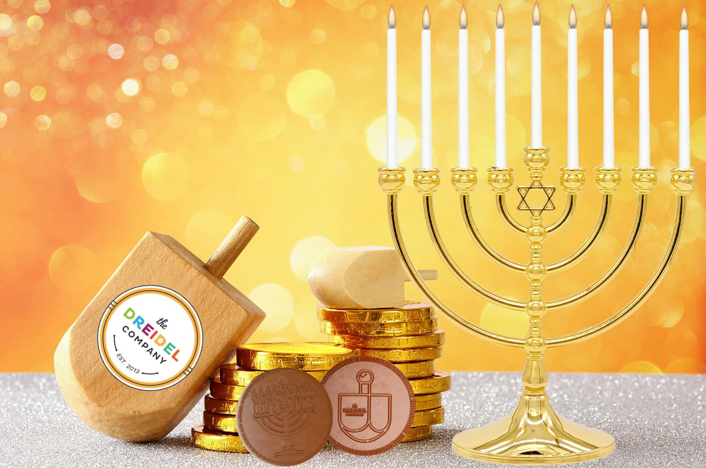 The Dreidel Company Menorah with Traditional Star Antique Gold Finish, Full Size 7" Inch