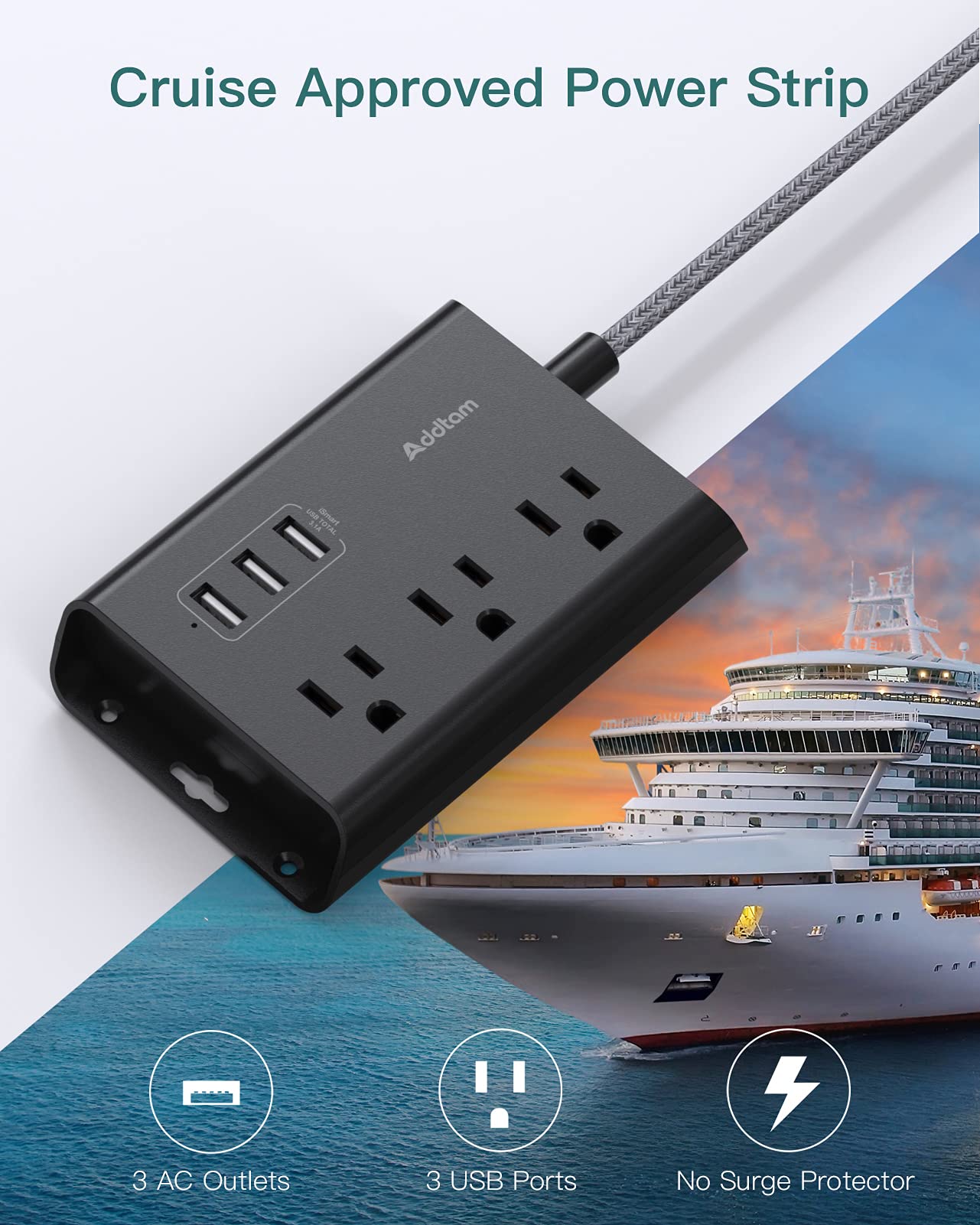 Addtam Power Strip with 3 USB Ports