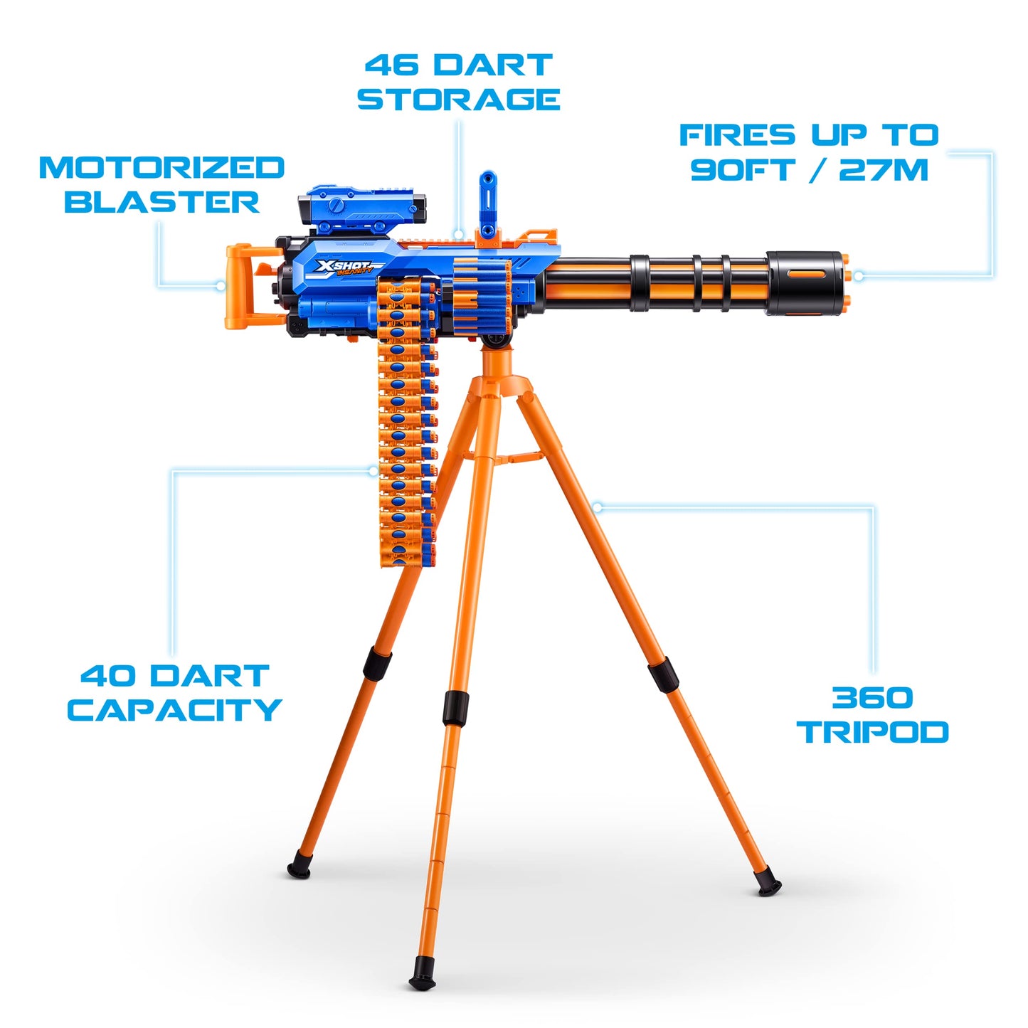 X-Shot Insanity Motorized Rage Fire by ZURU 72 Darts, Air Pocket Technology Darts, Dart Storage, Blasting Power, Auto Feeding Belt, Tripod & Scope, Outdoor Toy for Boys, Girls, Teens, Adults