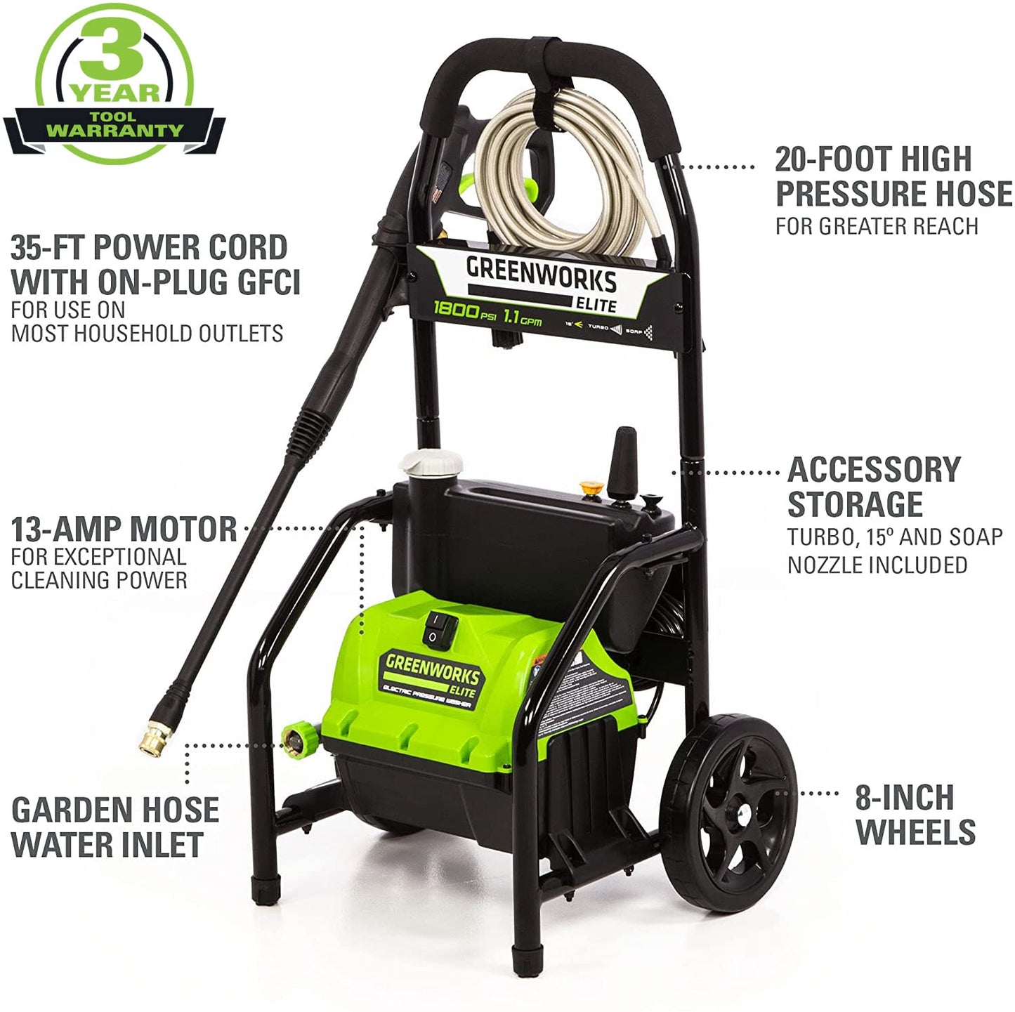 Greenworks PW-1800 1800 PSI 1.1 GPM Electric Pressure Washer