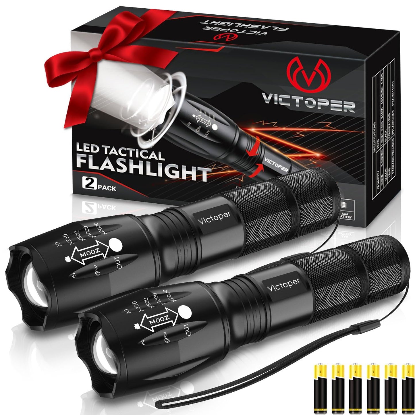 Victoper 2000 Lumens Waterproof Tactical Flashlight 2 Pack