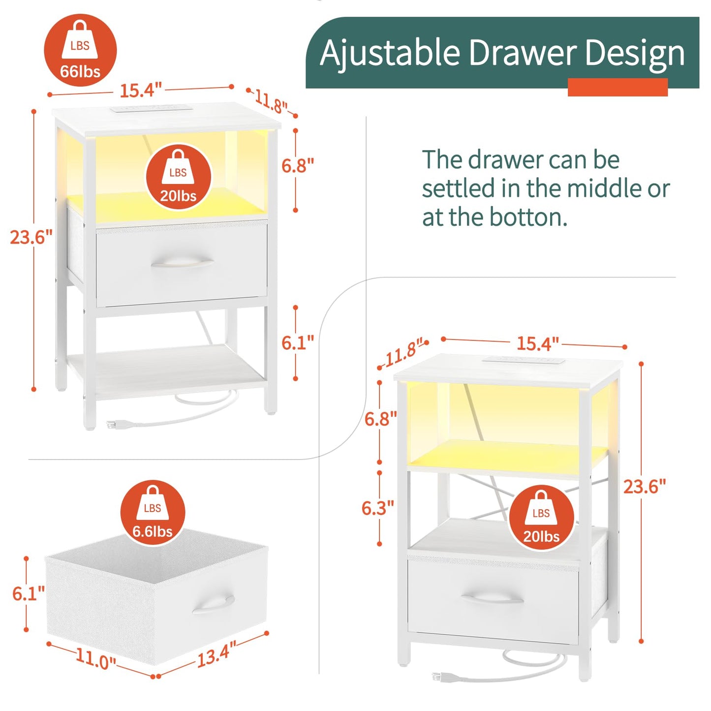 Yoobure Nightstand with Charging Station and Storage