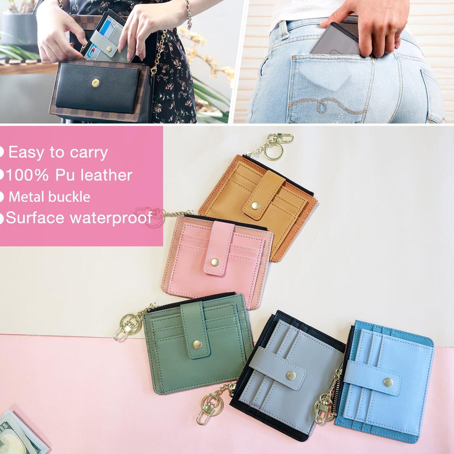 Slim Wallet for Women with Keychain & Zipper