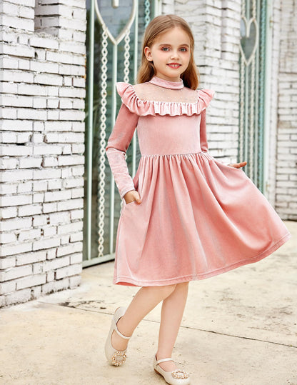 Arshiner Toddler Girls Velvet Dress Contrast Mesh Ruffle Trim Long Sleeve Zipper Birthday Dresses with Pockets Dusty Pink 3T