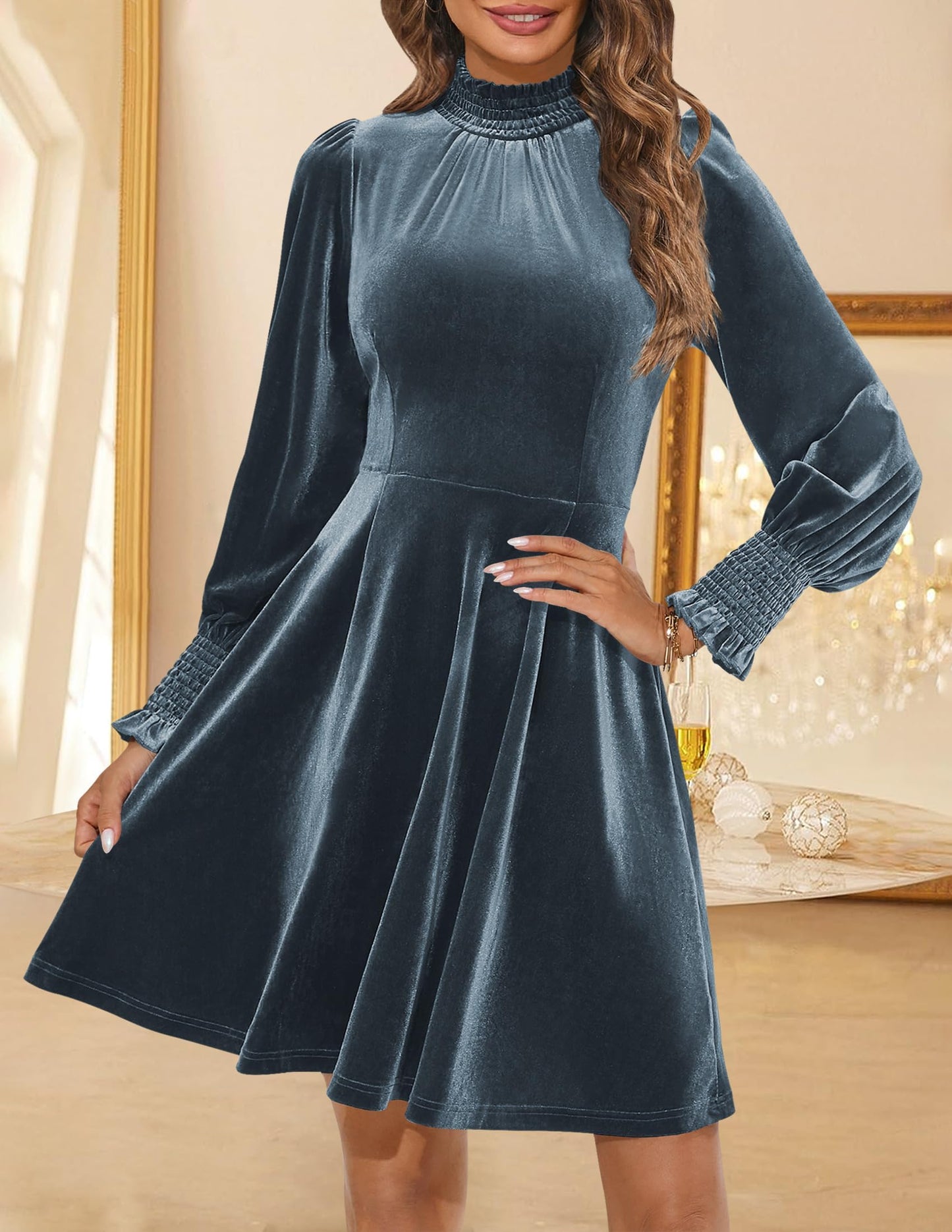 ZESICA Velvet Mini Dress with Long Sleeves