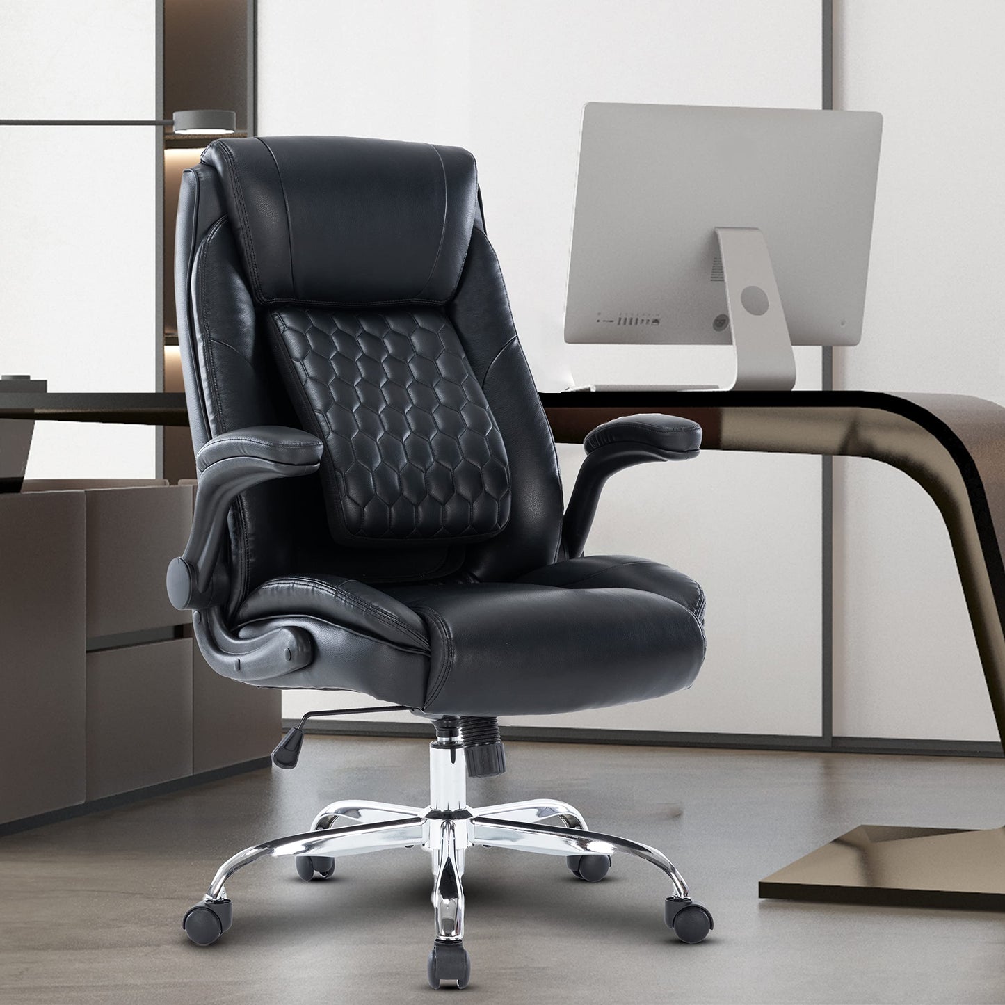 UPDATE DEAD ❗ HESL Excutive Office Chair with Adjustable Back Support,Ergonomic Office Chair with Flip up Arms,Office Chair with Wheels,Home Office Chair with Faux Leather High Back Relieve Back Pain Black