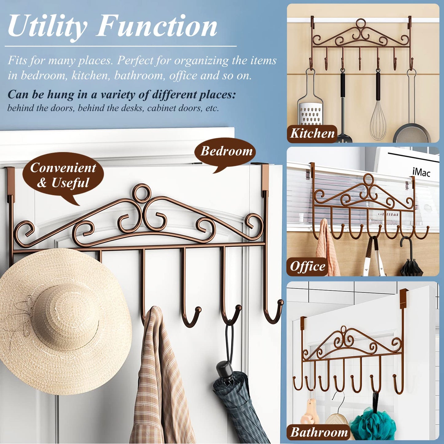 Youdepot Over The Door Hook - 7 Hook Bronze Coat Rack, Towel Hanger, Bathroom Door Hooks, Clothes Hanger, Hat Organizer, and Belt Holder. Easy to Install Door Hanger Hook.