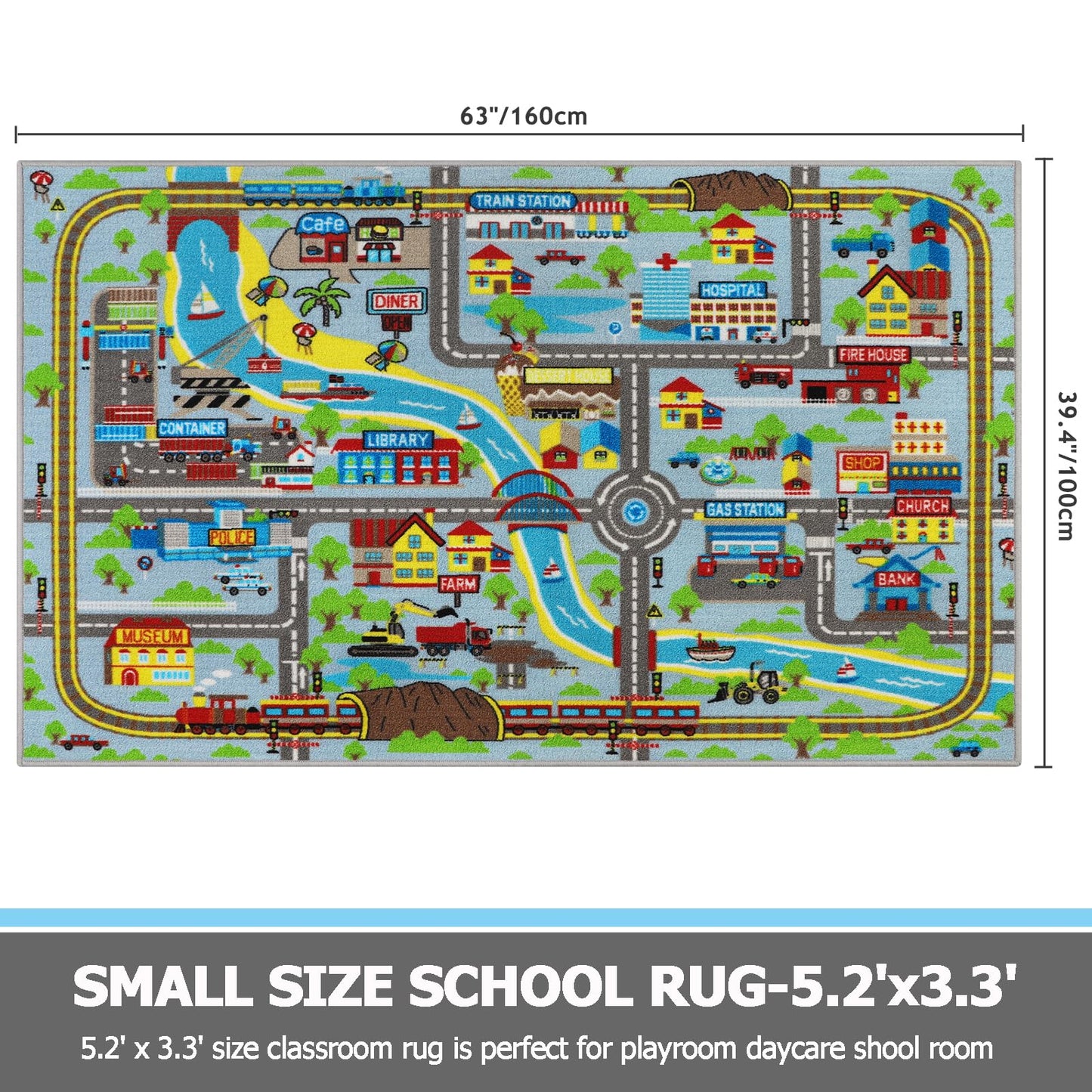 Kids Play Area Rug Cars Traffic Road Design