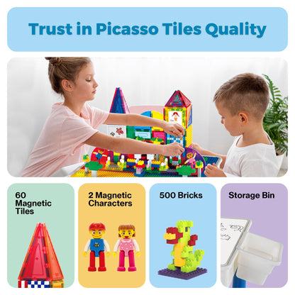 PicassoTiles 585pc Kids Activity Table with Magnetic Tiles and Bricks STEM Pretend Play Learning with Reversible Brick Whiteboard Tabletop Storage Bins and Extra Add-On Toys Boys Girls Ages 3+ PBT585