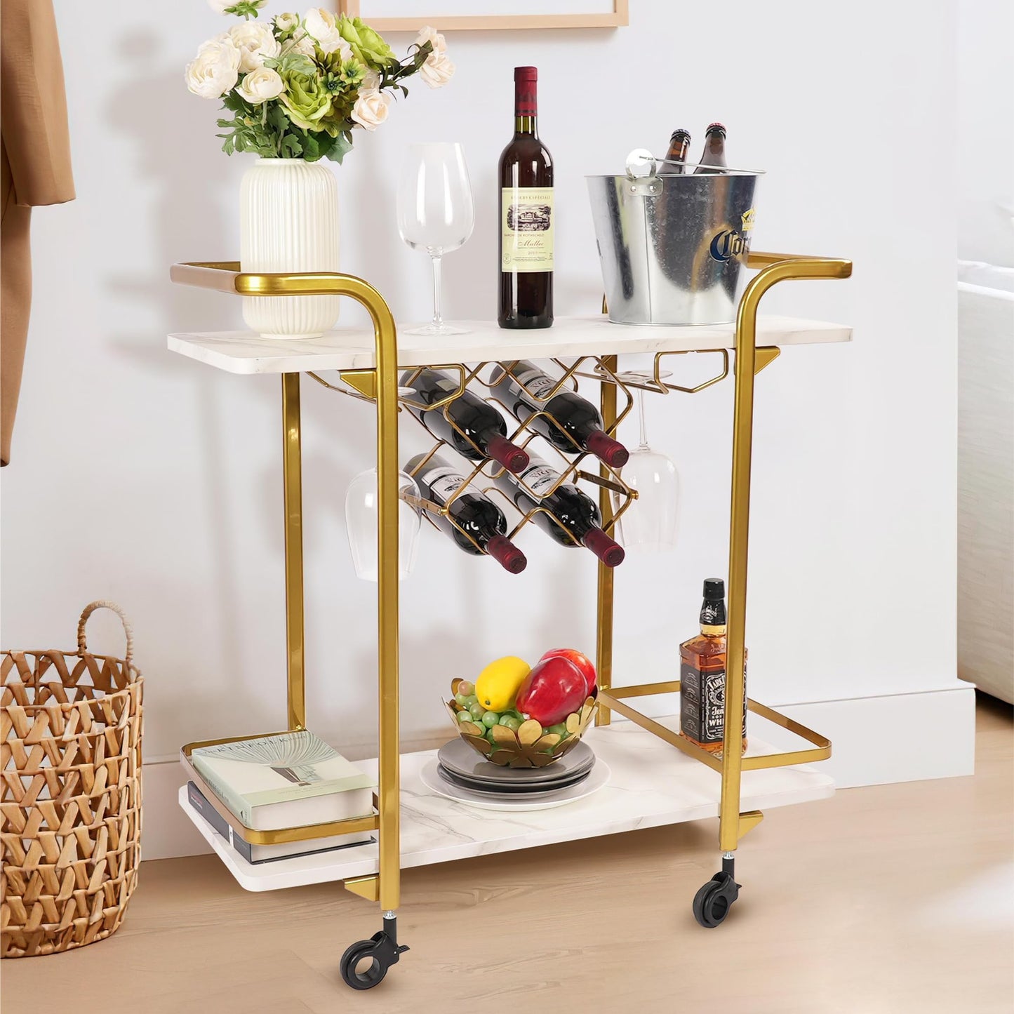 Jubao Deluxe Gold Bar Cart, 2-Tier Premium Texture Bar Cart for Kitchen and Dining Room Outdoor, with Glass Holders and 5 Wine Racks, Modern Marbled Solid Wood Cart on Silent Wheels