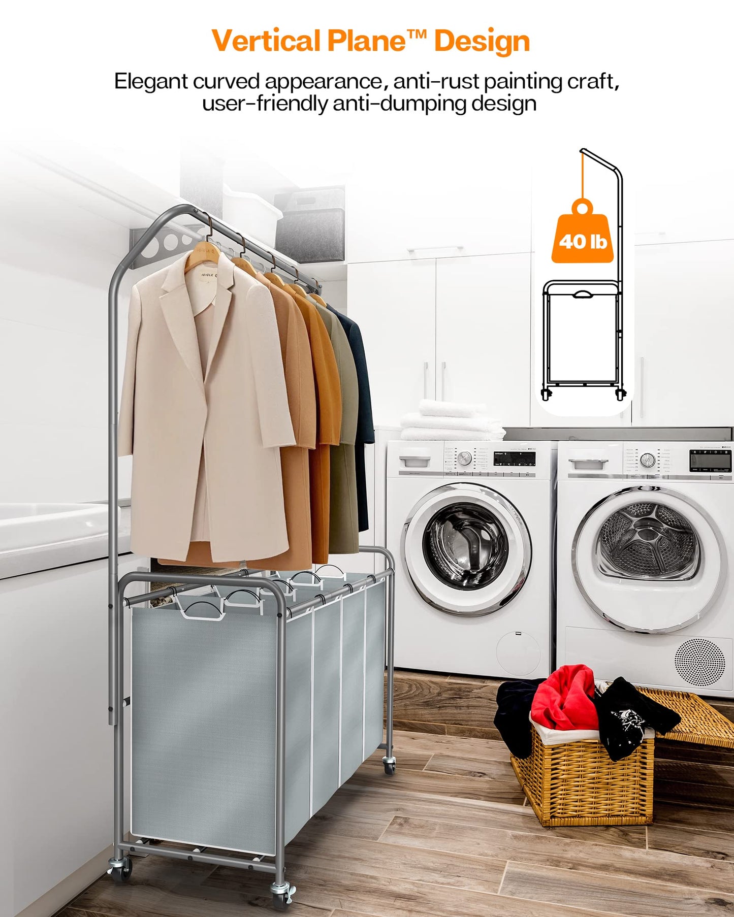 ROMOON Laundry Sorter with Hanging Bar, 4 Section Laundry Hamper with Heavy Duty Lockable Rolling Wheels, Laundry Basket with Removable Bags for Dirty Clothes, Grey