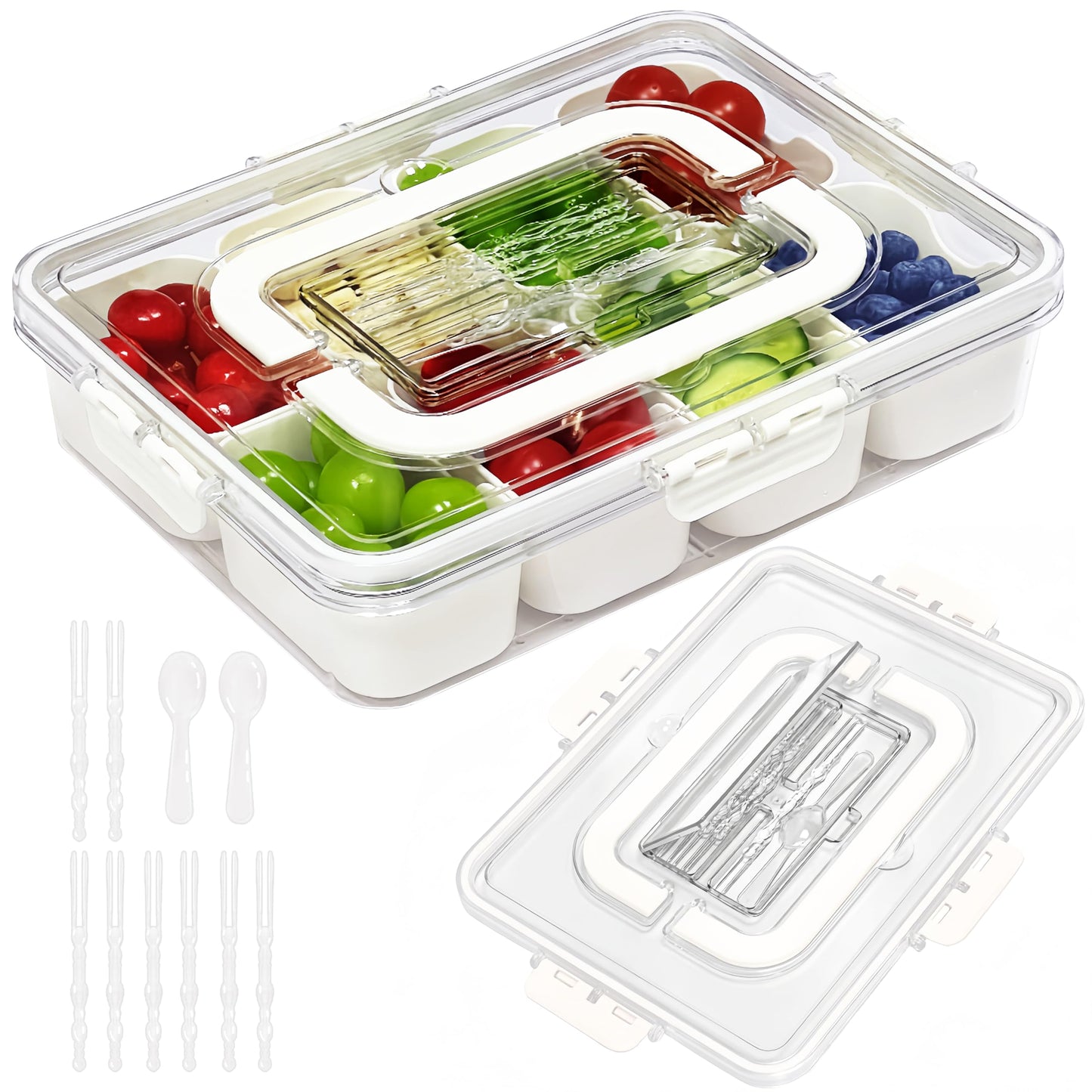 Spaclear Snack Serving Tray with Cutlery Storage, Divided Serving Tray with Lid and Handle-Portable Snackle Box Container Fruit,Veggie Tray (8 Forks, 2 Scoop)
