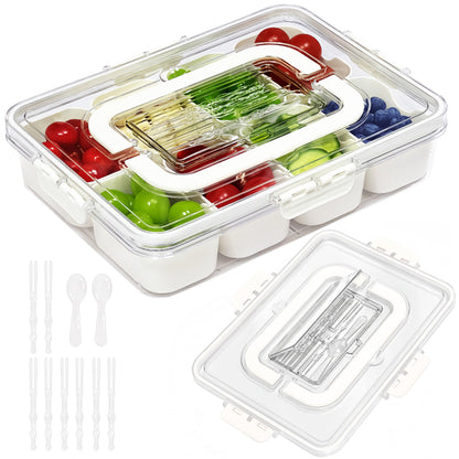 Spaclear Snack Serving Tray with Cutlery Storage, Divided Serving Tray with Lid and Handle-Portable Snackle Box Container Fruit,Veggie Tray (8 Forks, 2 Scoop)