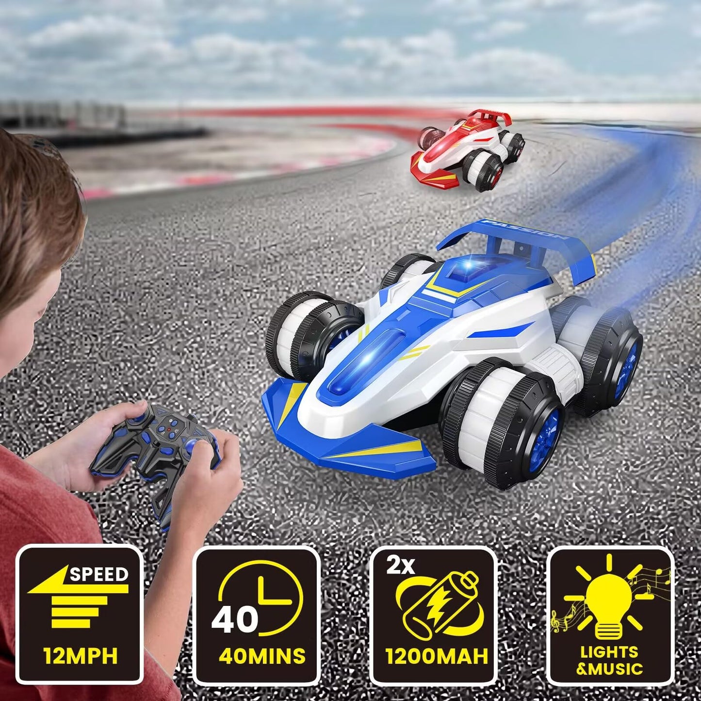 LOOZIX Upgraded Remote Control Car 360° Spins RC Car 2- in-1 Anti-Gravity RC Racer Wheelie Drift Stunt Car with Lights&Music Birthday Gifts Toys for 6 7 8 9 10 11 12 Year Old Boys