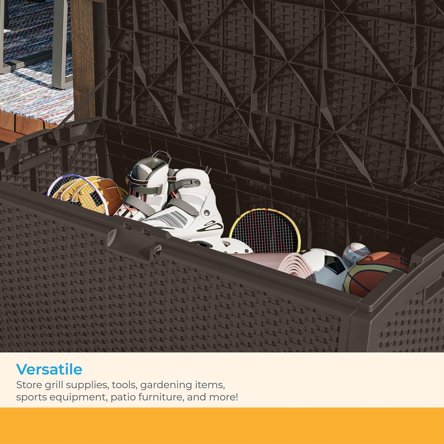 Suncast DBW9200 99 Gallon Outdoor Wicker Plastic Patio Storage Chest Bin with Handles for Patio, Garden, Garage, or Pool for All Weather, Mocha