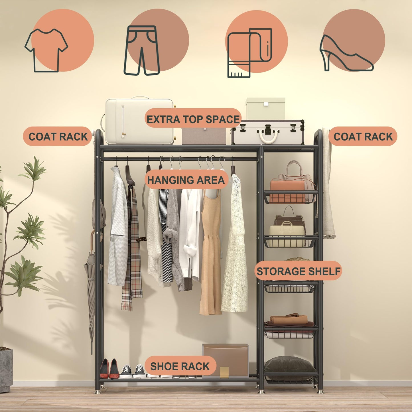 Portable Clothing Rack with Baskets and Shelves