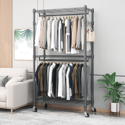 Portable Rolling Garment Rack with Adjustable Shelves