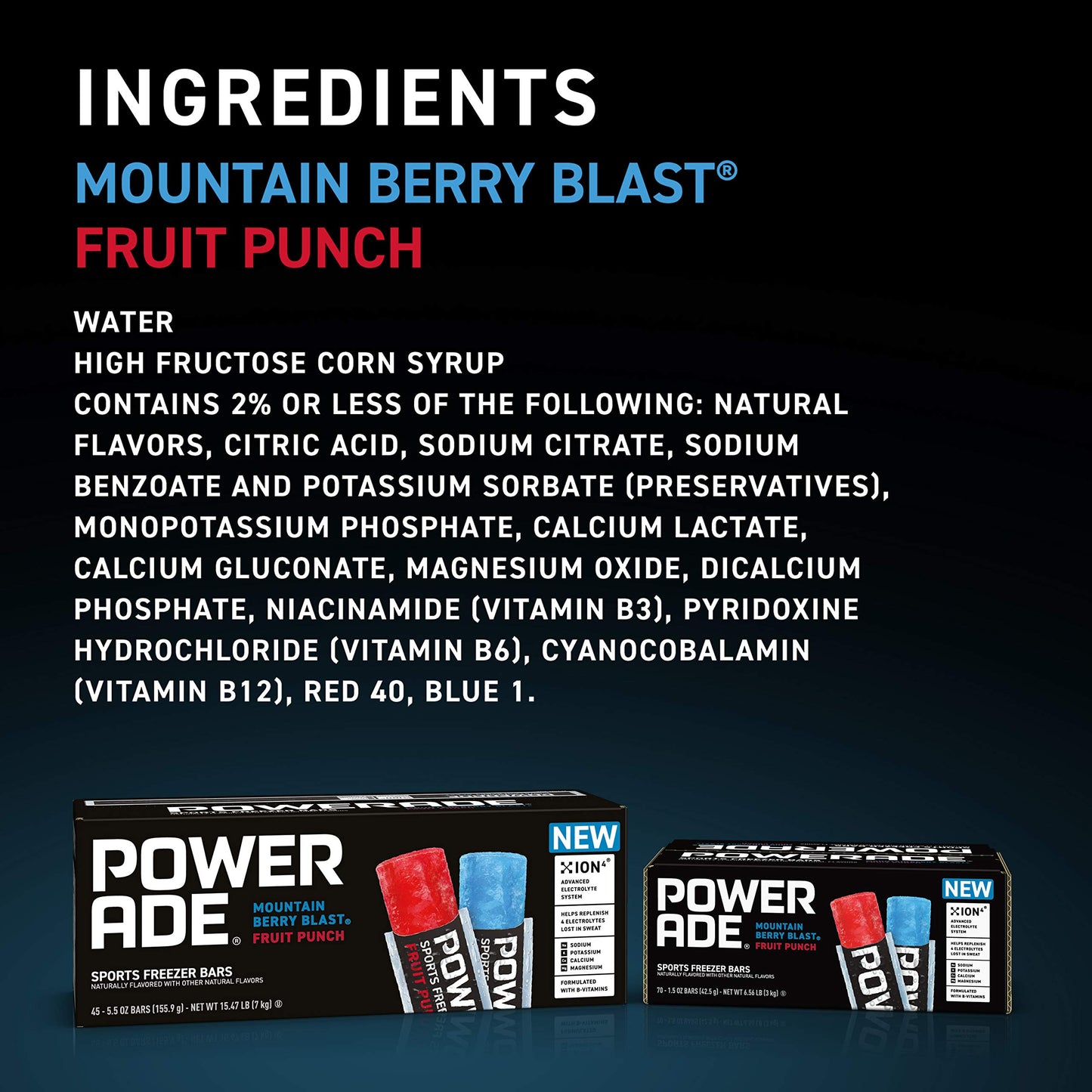 Powerade Sports Freezer Bars, 1.5 oz, Refreshing Ice Pops with Electrolytes B Vitamins, Naturally Flavored with Other Natural Flavors, Mountain Berry Blast and Fruit Punch, 70 Count