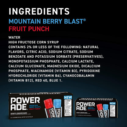 Powerade Sports Freezer Bars, 1.5 oz, Refreshing Ice Pops with Electrolytes B Vitamins, Naturally Flavored with Other Natural Flavors, Mountain Berry Blast and Fruit Punch, 70 Count