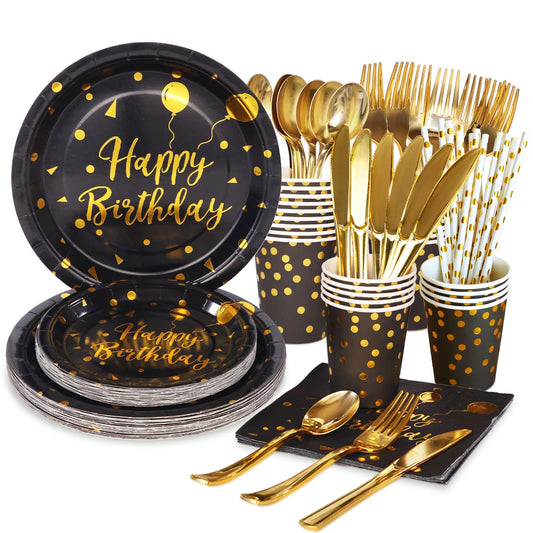 200PCS Birthday Party Decorations Black Birthday Plates and Napkins Party Supplies Plate, Cups, Spoons, Fork, Napkins. for Black and Gold Party Decorations