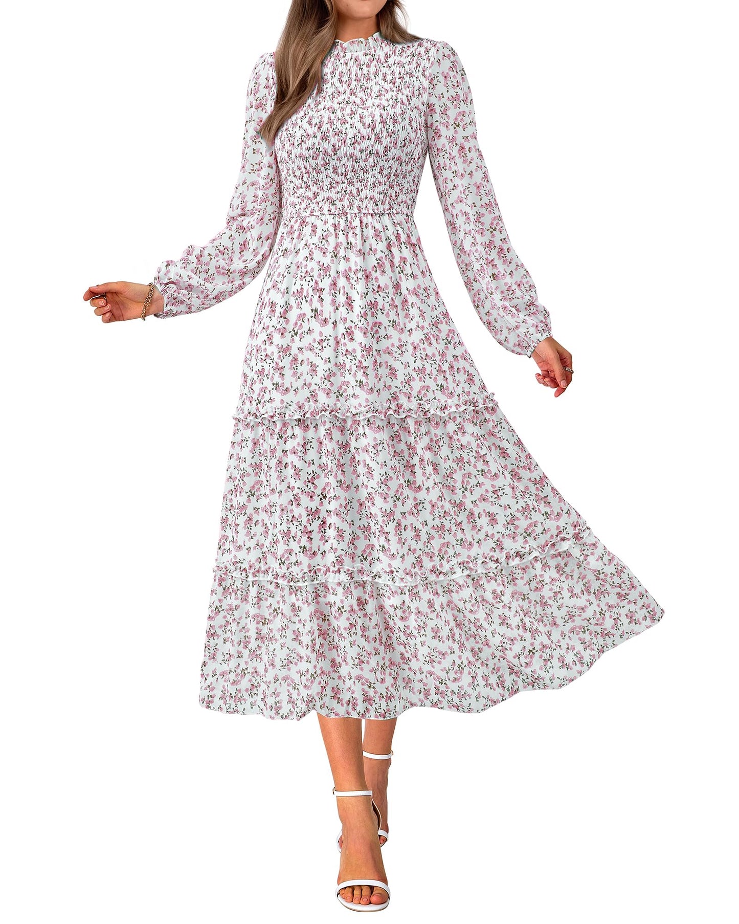NOLLSOM Women 2025 Fall Dress Floral Casual Long Sleeve Crew Neck Ruffle A-Line Flowy Floral Boho Wedding Guest Maxi Dresses(White Pink Flower,XX-Large)