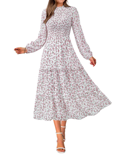 NOLLSOM Women 2025 Fall Dress Floral Casual Long Sleeve Crew Neck Ruffle A-Line Flowy Floral Boho Wedding Guest Maxi Dresses(White Pink Flower,XX-Large)