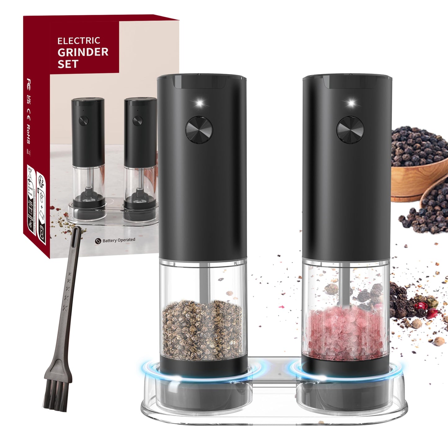 Salt and Pepper Grinder Set, Large Capacity Silo Adjustable Coarseness, Battery Powered with LED Light, One Hand Operated(2 Pack) (ABS+PMMA)