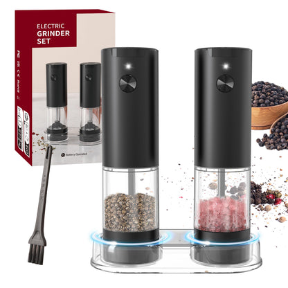 Salt and Pepper Grinder Set, Large Capacity Silo Adjustable Coarseness, Battery Powered with LED Light, One Hand Operated(2 Pack) (ABS+PMMA)