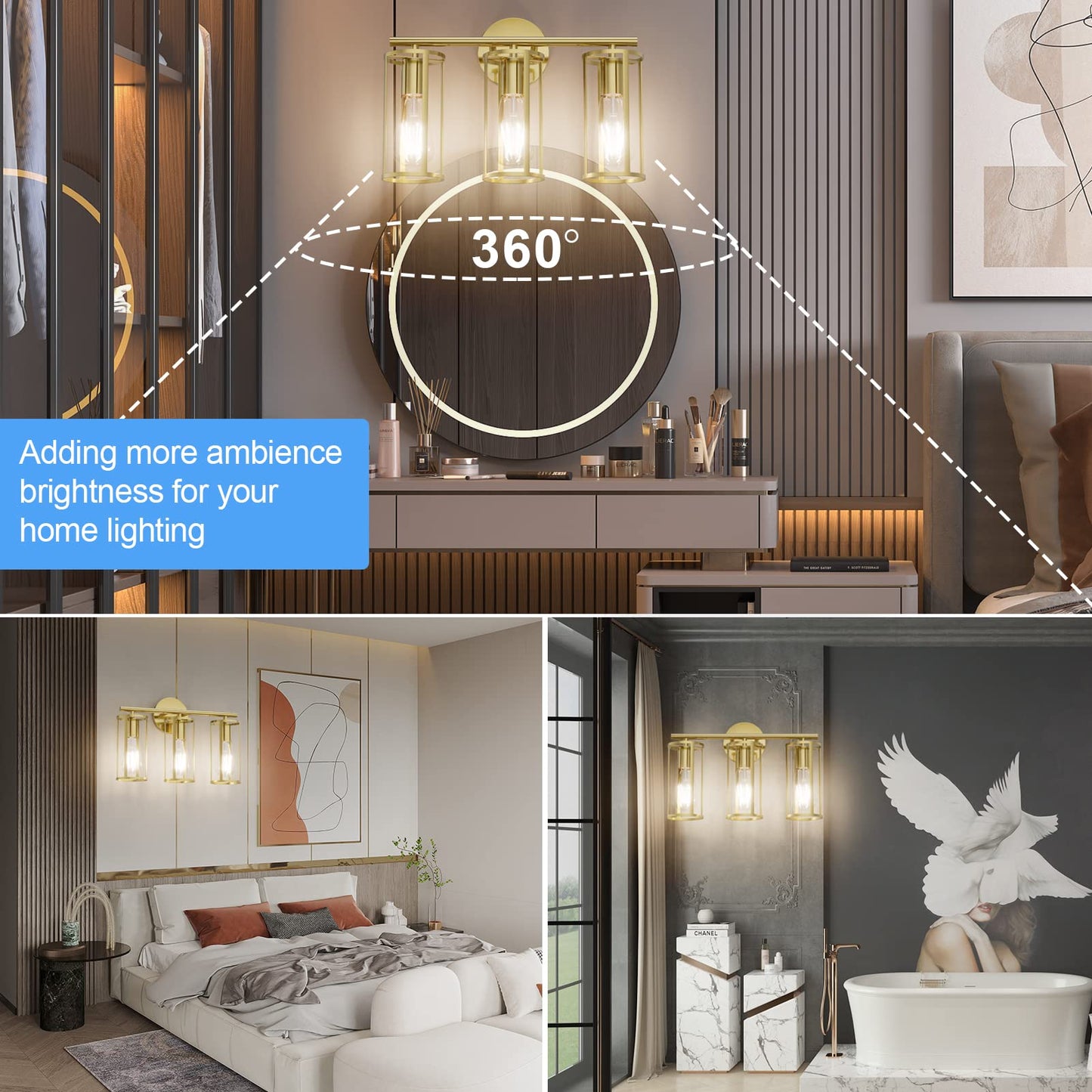 Gold 3-Light Farmhouse Bathroom Wall Fixture