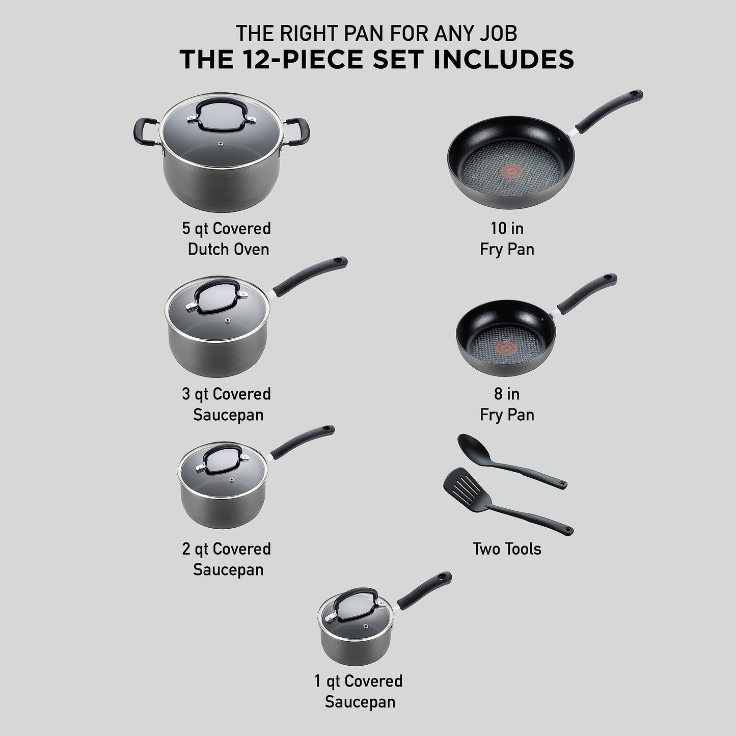 T-fal Ultimate Hard Anodized Nonstick Cookware Set 12 Piece, Oven Broiler Safe 400F, Lid Safe 350F, Kitchen Cooking Set w/ Fry Pans, Saucepans, Dutch Oven, Pots and Pans, Dishwasher Safe, Black