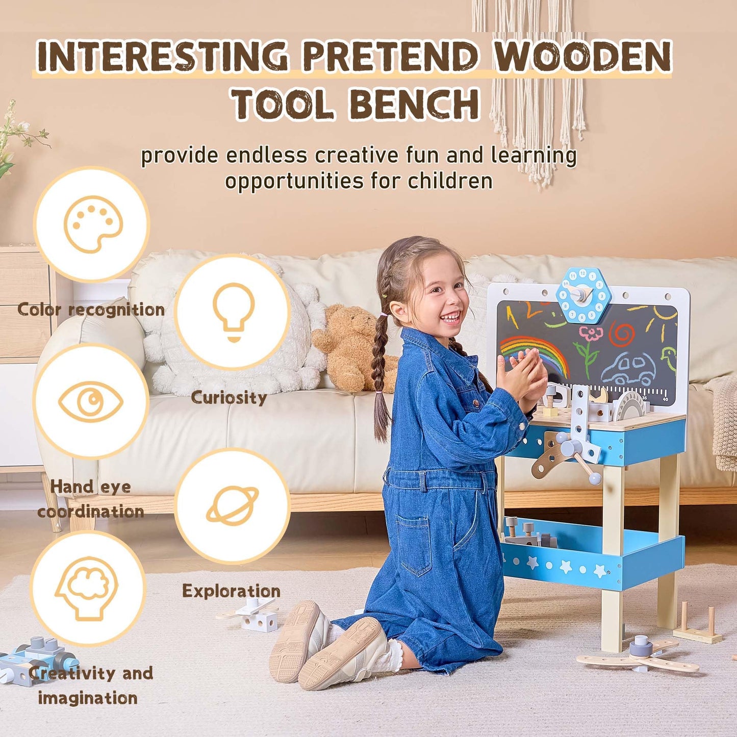 Kids Wooden Tool Workbench Playset with Storage