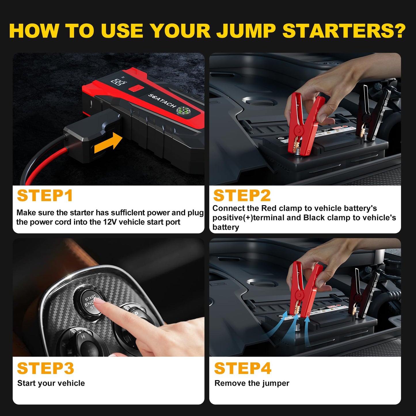 Scatach 011 Car Battery Jump Starter,4000A 12V Jump Starter Battery Pack (up to 10.0L Gasoline and 8.0L Diesel Engine), Portable Jump Box with 3 Modes Flashlight and Jumper Cable Black