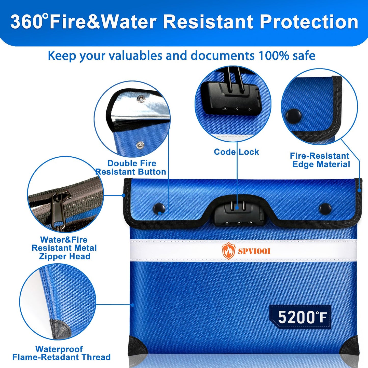 Upgraded 5200°F Fireproof Money Bag with Lock, Fireproof Bag with Zipper/Reflective Strip, 9 Layers of Heat Insulated Materials, Fire Proof Money Bag for Cash, A5 Documents, Water Resistant Safe Bag