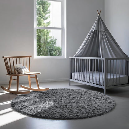 Ophanie Fluffy Grey Round Area Rug 4Ft
