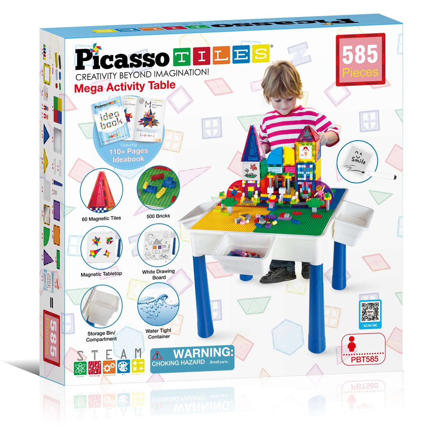 PicassoTiles 585pc Kids Activity Table with Magnetic Tiles and Bricks STEM Pretend Play Learning with Reversible Brick Whiteboard Tabletop Storage Bins and Extra Add-On Toys Boys Girls Ages 3+ PBT585