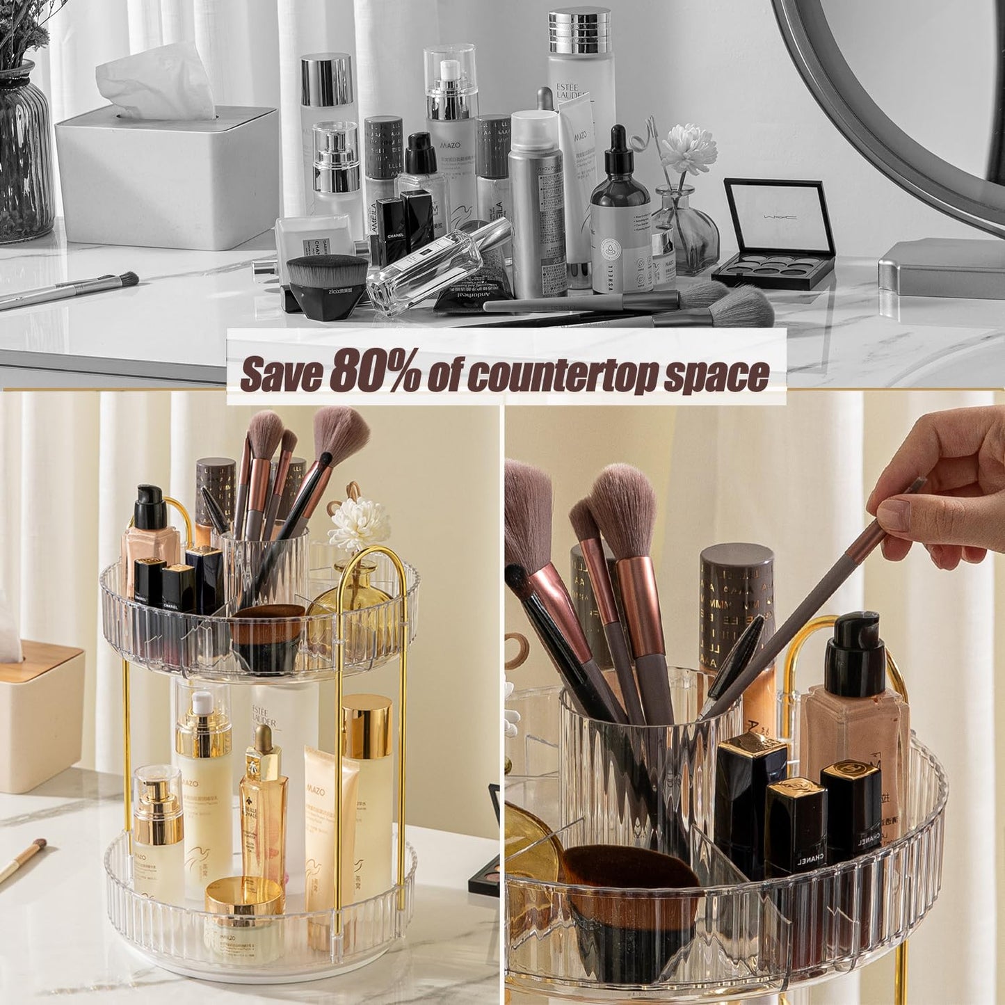 360 Rotating Makeup Organizer for Vanity, Menoeceus Spinning Bathroom Countertop Organizer Cosmetic Display Cases Makeup Tray for Skincare Organizers with Lipstick Organizer (2 Tiers Transparent)