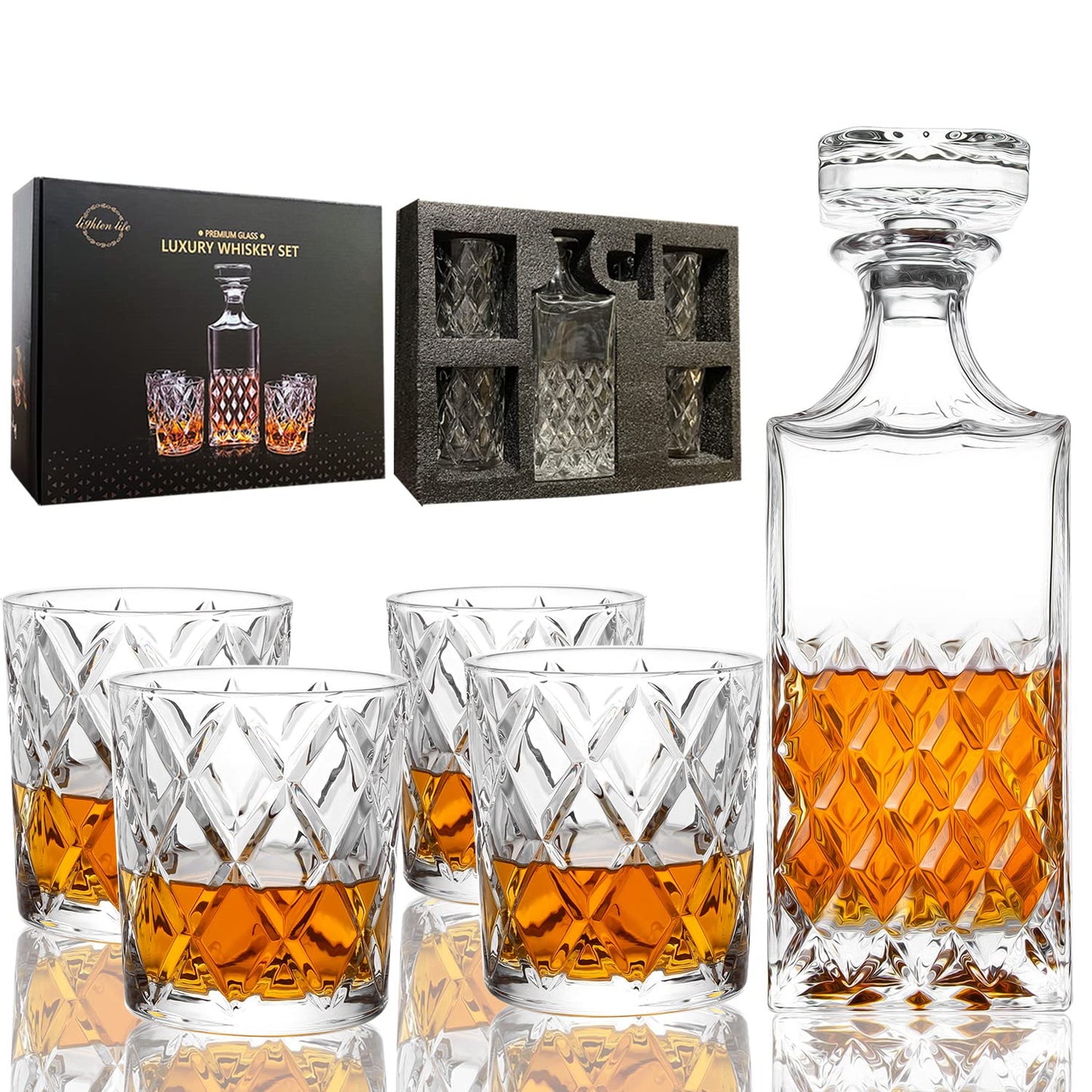 Whiskey Decanter Set with 4 Glasses Gift Box