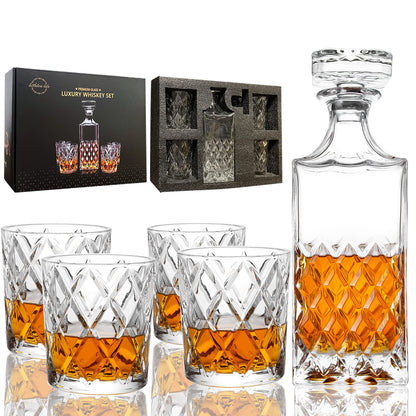 Whiskey Decanter Set with 4 Glasses Gift Box