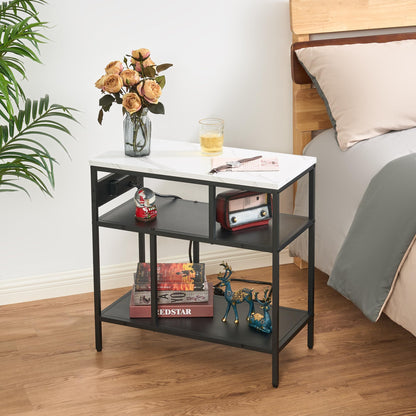 BEWISHOME Narrow Side Table with Charging Station, Narrow End Table Night Stand Bedside Table with Metal Legs, Black Nightstand for Living Room & Bedroom,Small Table Accent Table Bed Side Table KTZ03B