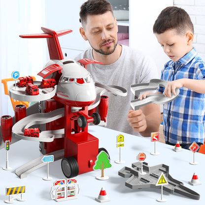 iHaHa Firetruck Garage Parking Lot Playset Toy Airplane with 14 Road Signs 4 Inertial Cars 1 Map