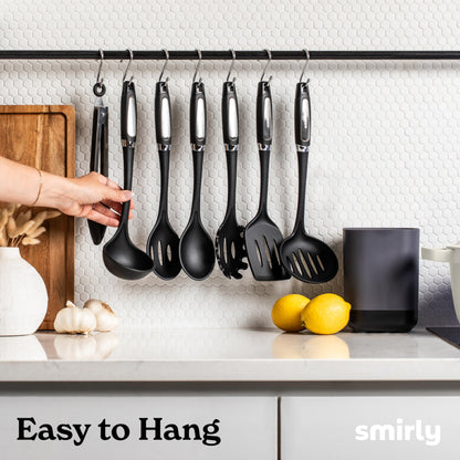 Silicone Kitchen Utensils Set & Holder: Cooking Utensils Set - Kitchen Essentials for New Home & 1st Apartment- Silicone Spatula Set, Cooking Spoons for Nonstick Cookware (Stainless Steel, Black)