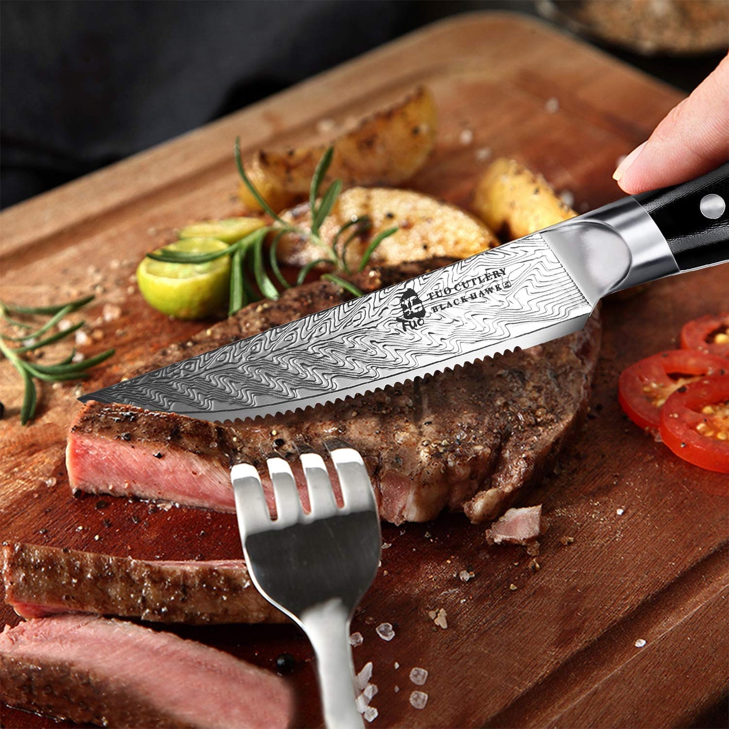 TUO Serrated Steak Set 5'' - Professional Kitchen Steak Knives Set of 4 - Triple Rivet Steak Knives G10 Full Tang Handle - BLACK HAWK S Series