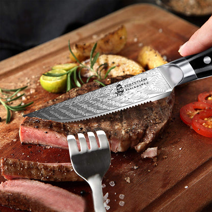 TUO Serrated Steak Set 5'' - Professional Kitchen Steak Knives Set of 4 - Triple Rivet Steak Knives G10 Full Tang Handle - BLACK HAWK S Series