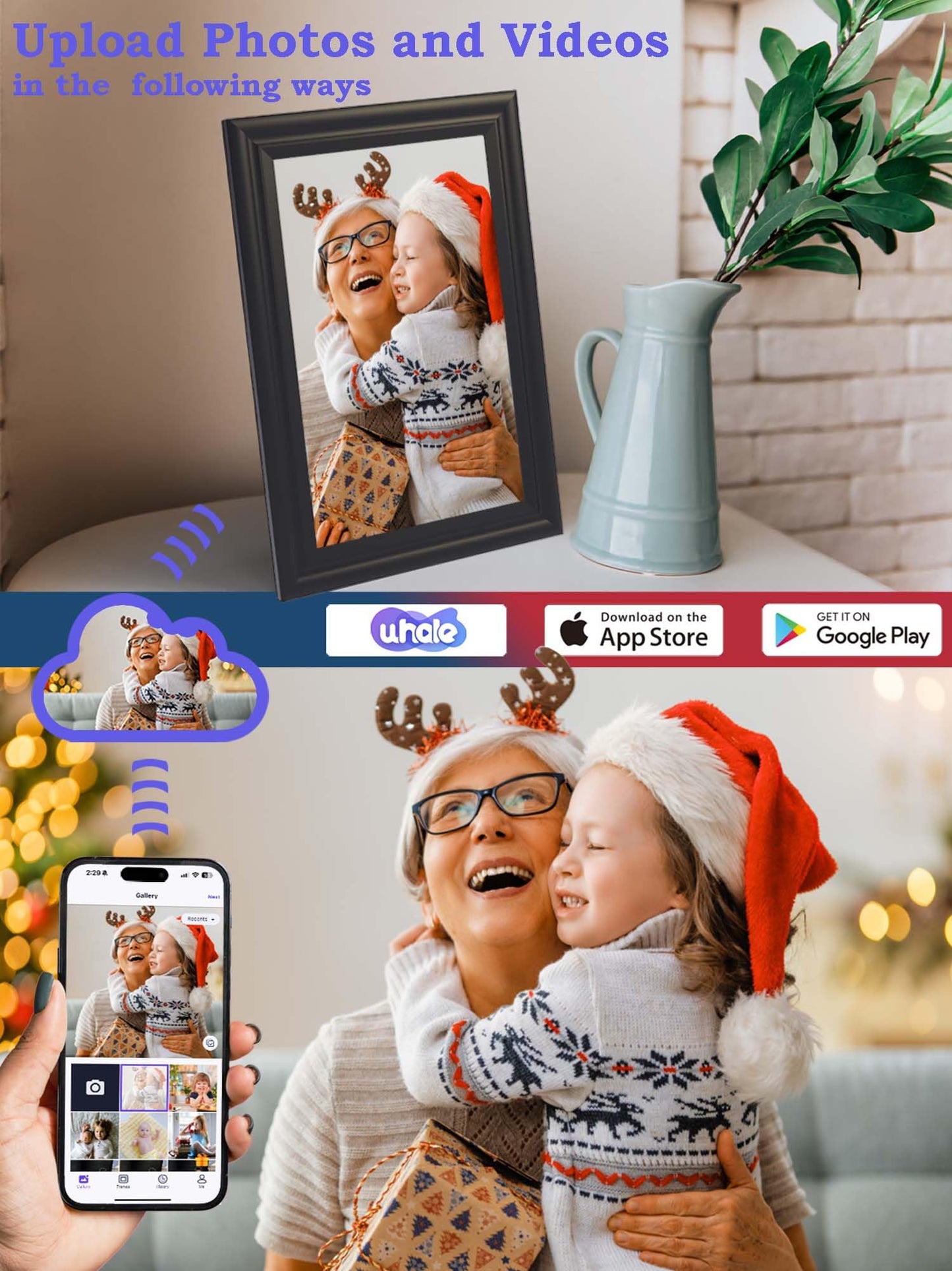 AZXL Digital Picture Frame WiFi 10.1 inch HD 1280x800 Digital Photo Frame Touch Screen IPS Display 16GB Storage Automatic Rotation with iOS and Android Free App for Mom for Grandparents Gift Black