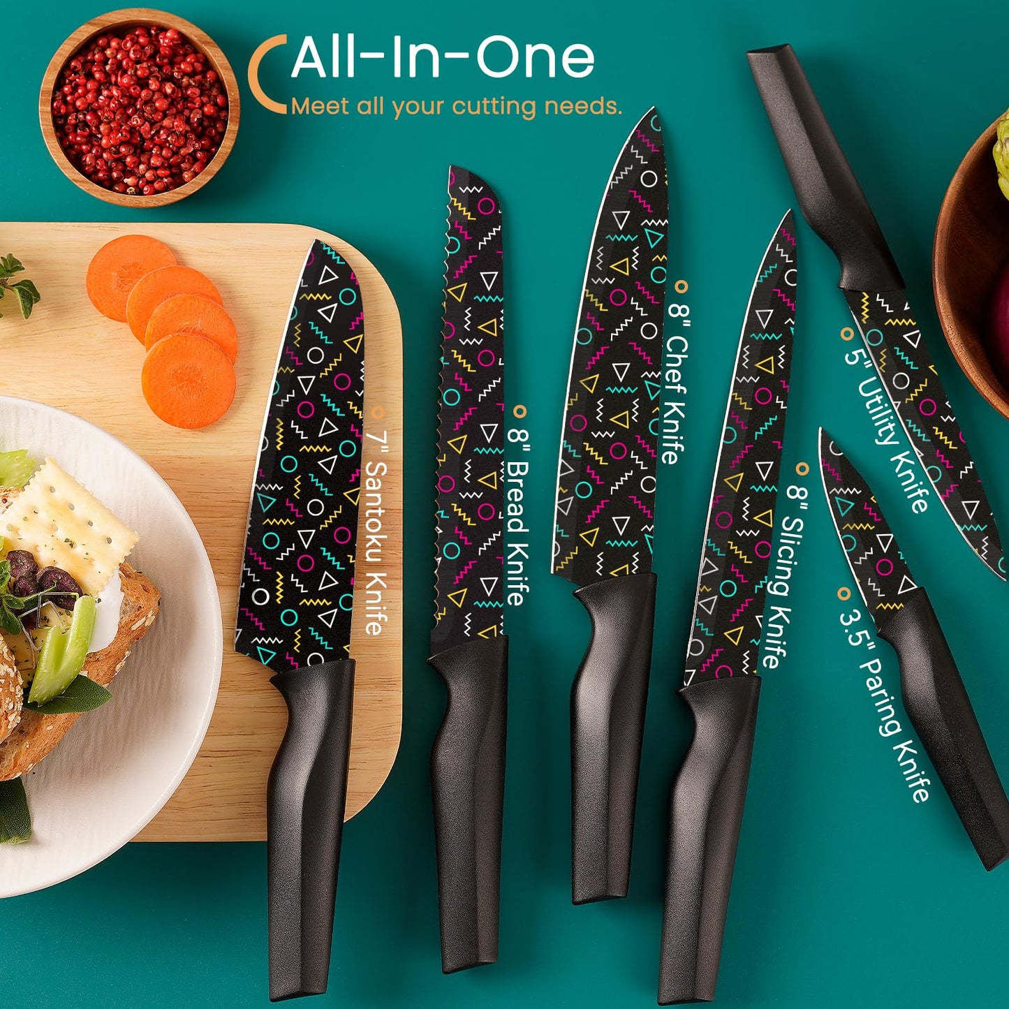 Astercook Knife Set, 12 Pcs Geometric Figure Kitchen Knife Set, 6 Anti-Rust Coating Stainless Steel Kitchen Knives with 6 Blade Guards, Dishwasher Safe