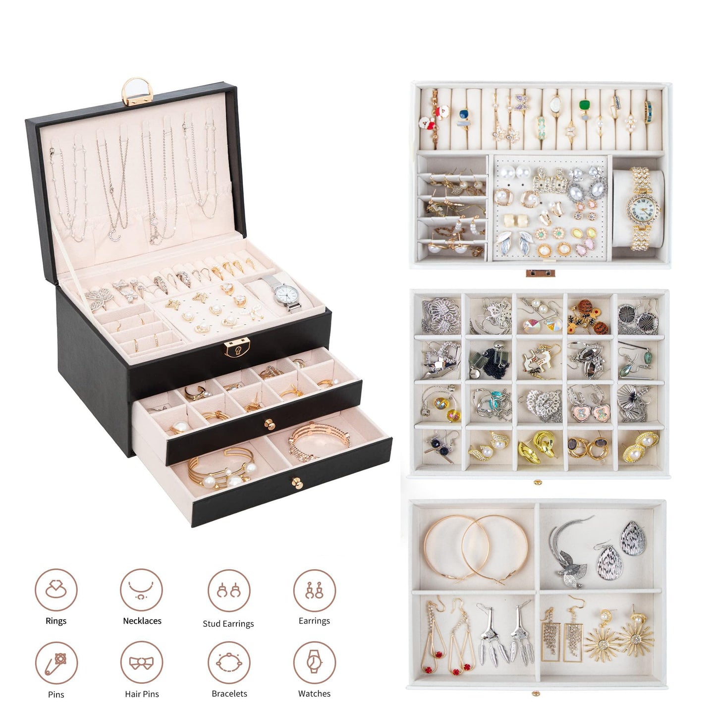3-Layer Jewelry Organizer Storage Case by GUOER