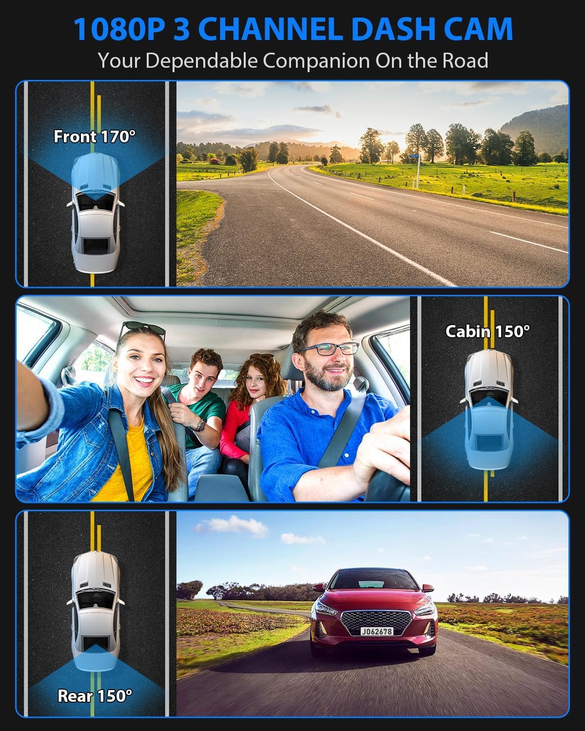 3 Channel Dash Cam with 32GB Card