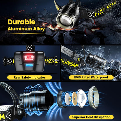 150000LM PHLIPESAM Rechargeable LED Headlamp