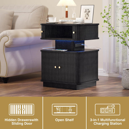 LED Nightstand with Charging Station and Drawers